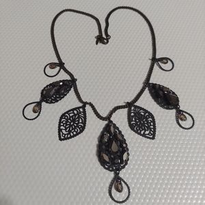 Matte Black Filigree/Faceted Crystal Drop Necklace (Laser Lace Work Design)